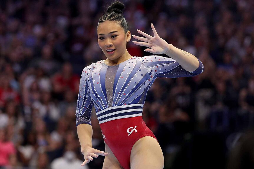 Suni Lee competes at the 2024 U.S. Olympic Gymnastics Trials.