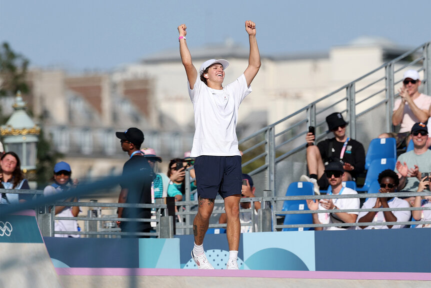 Jagger Eaton celebrates a win at the 2024 Paris Olympics