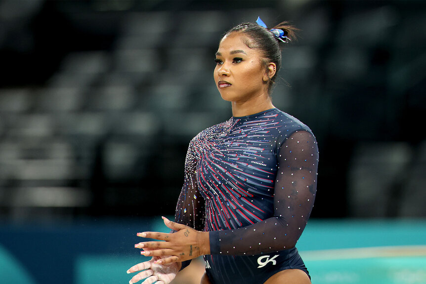 Jordan Chiles from Team USA competes in the women's gymnastics at the Bercy Arena during the Paris 2024 Olympic Games