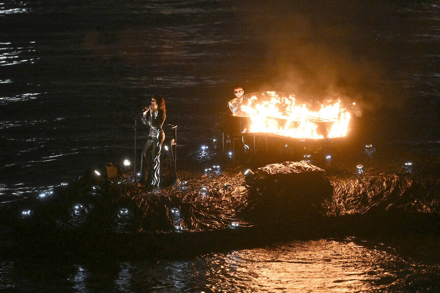 Juliette Armanet and Sofiane Pamart perform at the 2024 Olympics Opening Ceremony