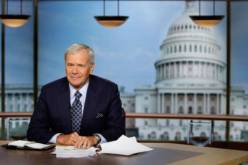 Moderator Tom Brokaw pauses during a taping of "Meet the Press"