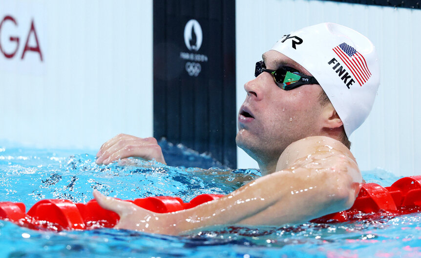 Bobby Finke in the pool after competing in the Men’s 800m Freestyle at the 2024 Paris Olympics