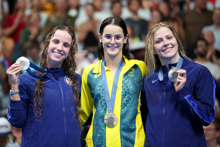 Kaylee Mckeown, Regan Smith and Katharine Berkoff with their olympic medals after Women's 100m Backstroke Final