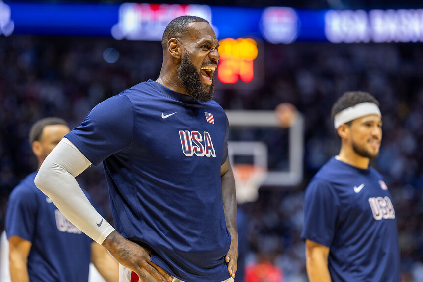 LeBron James reacts during team warm up before the USA V South Sudan, USA basketball showcase in preparation for the Paris Olympic Games