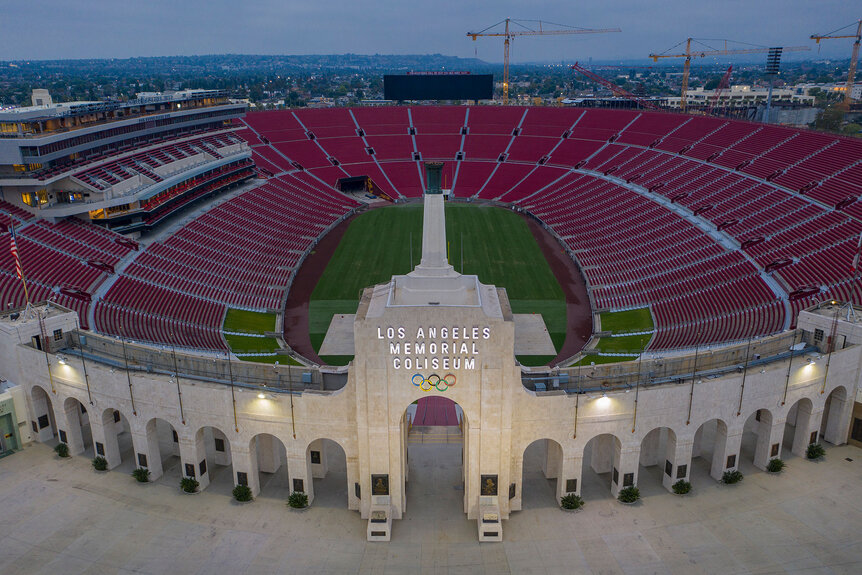 A drone aerial view shows the Los Angeles Memorial Coliseum at Exposition Park.