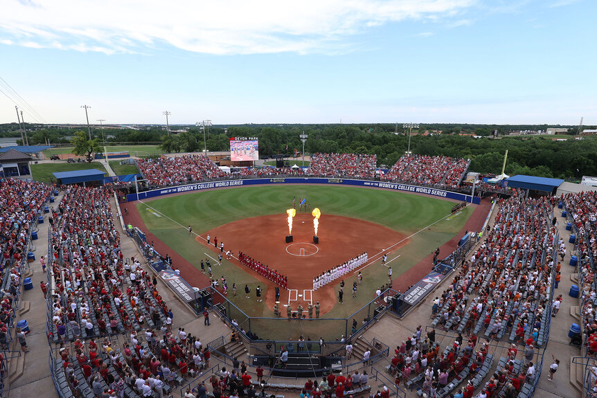 Aerial view of a Division I Softball Championship game held at Devon Park on June 6, 2024 in Oklahoma City, Oklahoma.