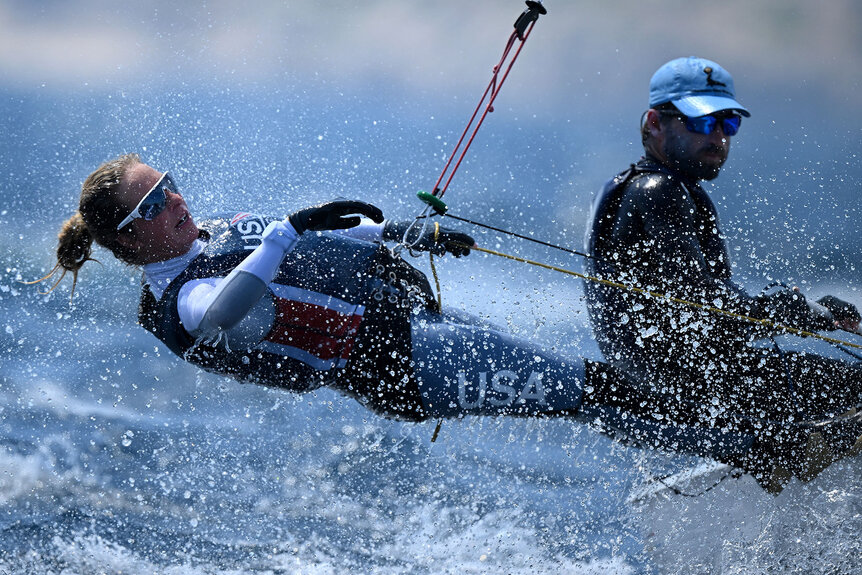 Stu McNay and Lara Dallman-Weiss of USA in action in their Mixed 470 Class Dinghy during a practice session