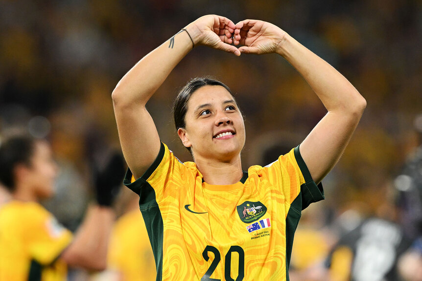 Sam Kerr of Australia celebrates her team's victory through the penalty shoot out during the FIFA Women's World Cup