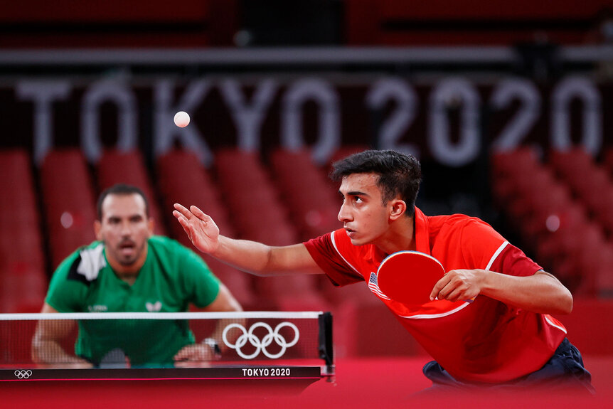 Nikhil Kumar of Team USA in action during his Men's Singles first round match on day one of the Tokyo 2020 Olympic Games