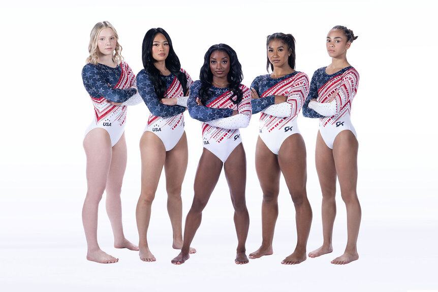 Team USA's Womens Gymnastics team wears their 2024 Olympic uniform