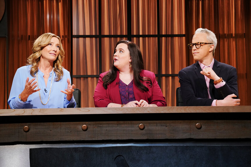 Emma Thompson, Aidy Bryant and Alex Moffat during a sketch on Saturday Night Live