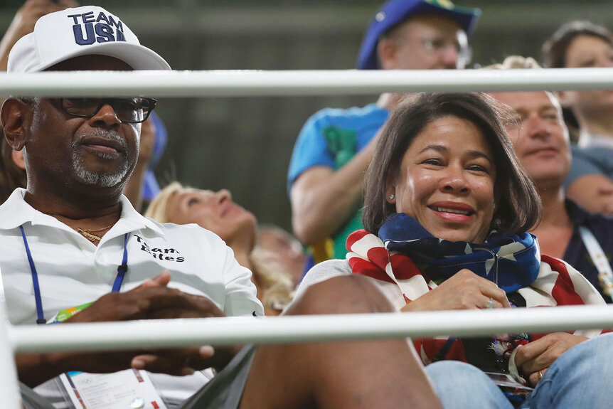 Simone Biles' parents attend the women's vault event during the 2016 Olympic Games in Rio