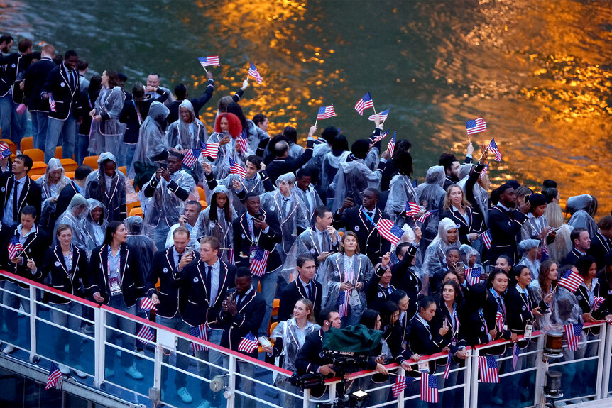 Team USA on their boat at the 2024 Olympics Opening Ceremony