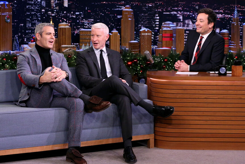 Andy Cohen and Anderson Cooper during an interview with Host Jimmy Fallon