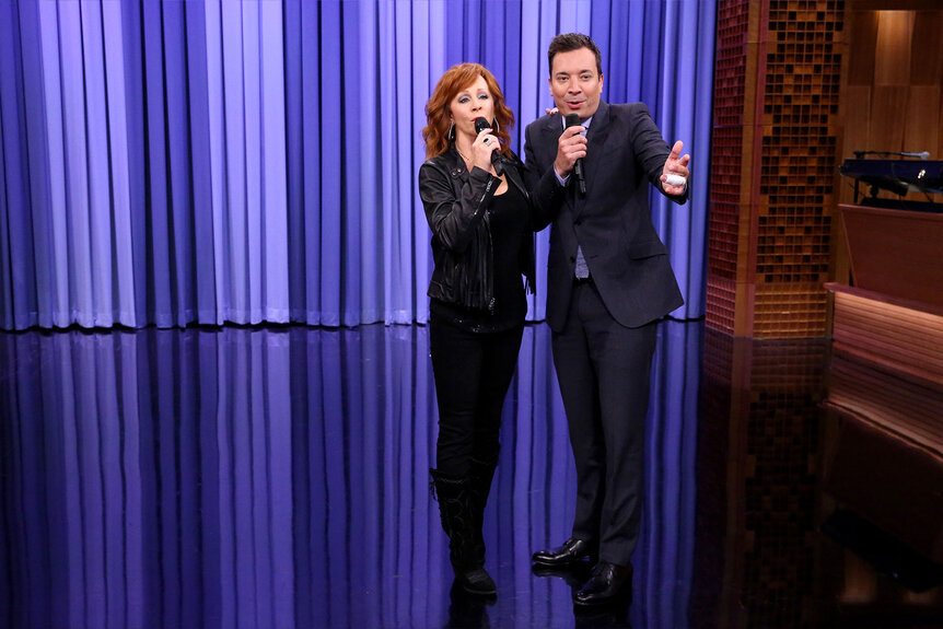Reba McEntire and host Jimmy Fallon during a Suggestion Box skit on The Tonight Show