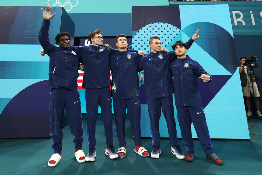 The U.S Mens Gymnastics Team enter the arena at the 2024 olympics