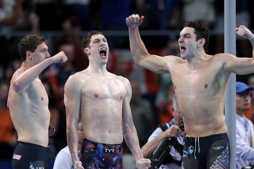 Chris Guiliano, Hunter Armstrong and Jack Alexy at the U.S. Men's Swim Relay at the Paris Olympics