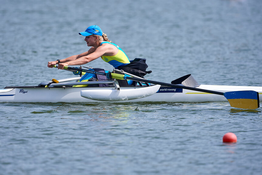 Anna Sheremet rows on the water during the 2022 world rowing cup