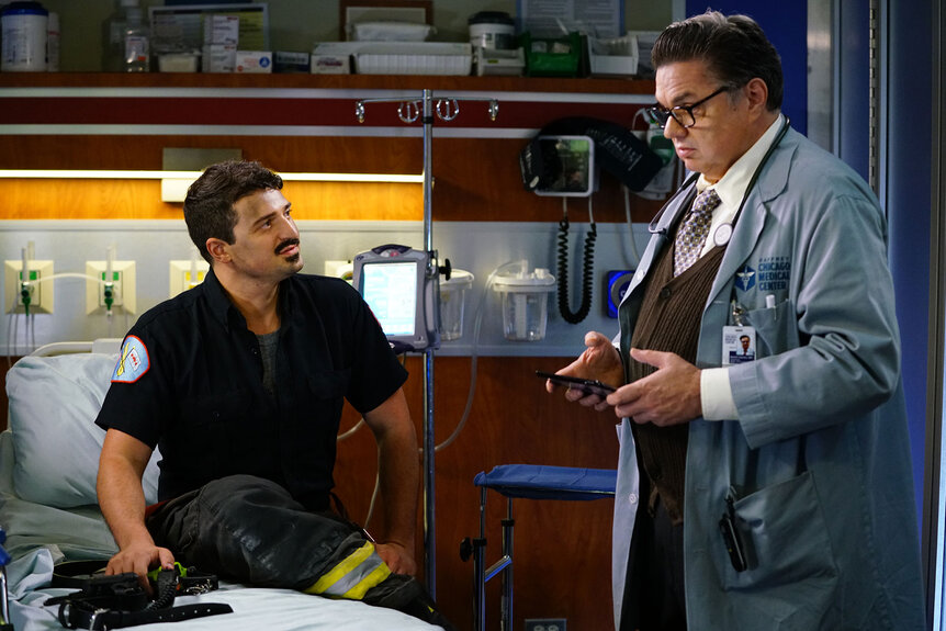 Yuri Sardarov as Brian "Otis" Zvonecek and Oliver Platt as Daniel Charle in Chicago Med Season 4 Episode 2.