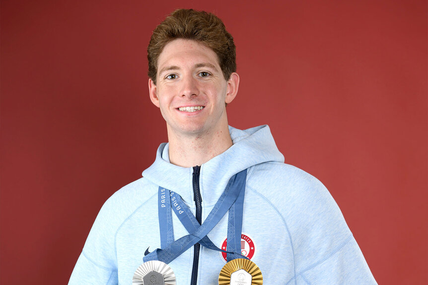 Olympian Chris Guiliano of Team United States poses on the Today Show Set on August 03, 2024 in Paris, France.