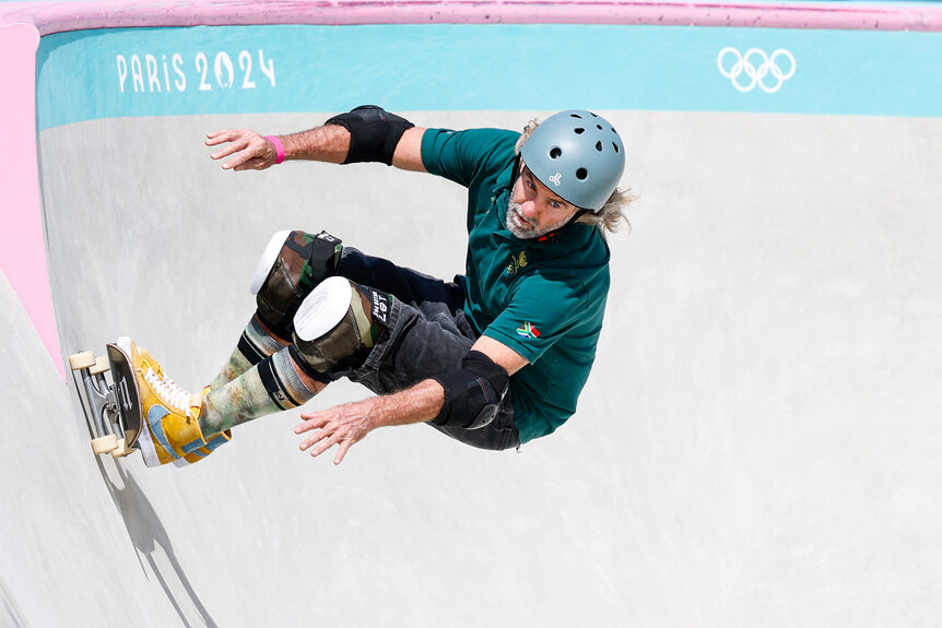 Dallas Oberholzer skateboarding during the 2024 Olympics