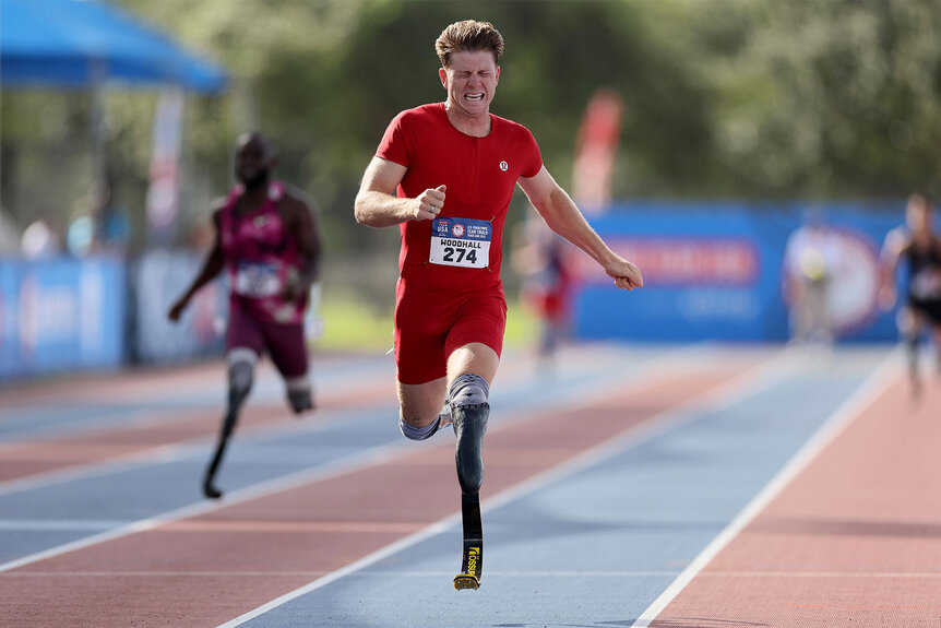 Hunter Woodhall runs in the Men 400 M 62 on Day 3 of the 2024 U.S. Paralympics Team Trials