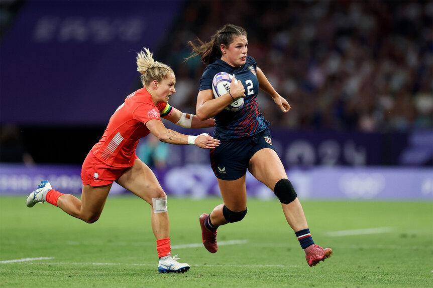 Ilona Maher during a play at the rugby match against Great Britain at the 2024 Olympics