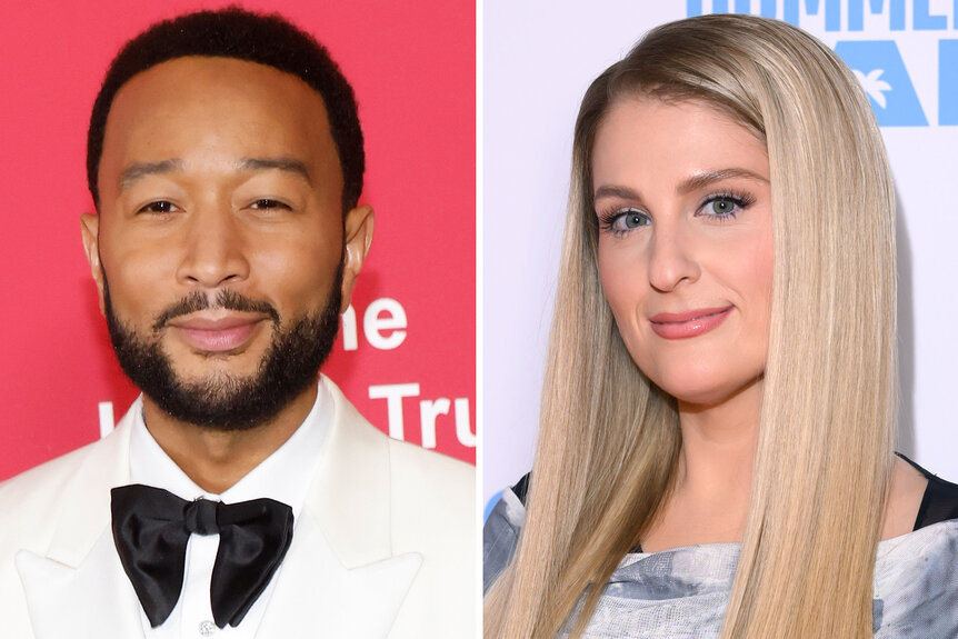 A split of John Legend and Meghan Trainor