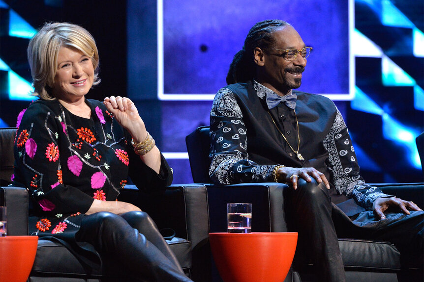 Martha Stewart and Snoop Dogg smile onstage at The Comedy Central Roast of Justin Bieber