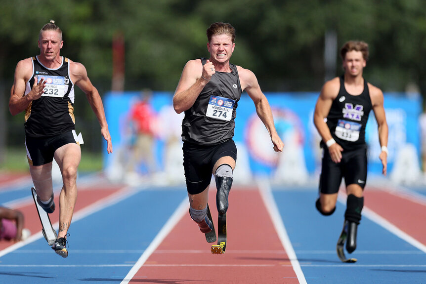 Hunter Woodhall runs in the Men 100 M 62.64 on Day 3 of the 2024 U.S. Paralympics Team Trials