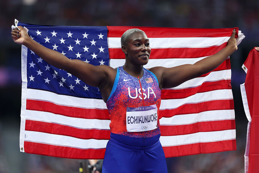 Silver medalist Annette Nneka Echikunwoke of Team United States celebrates after competing in the Women's Hammer Throw Final