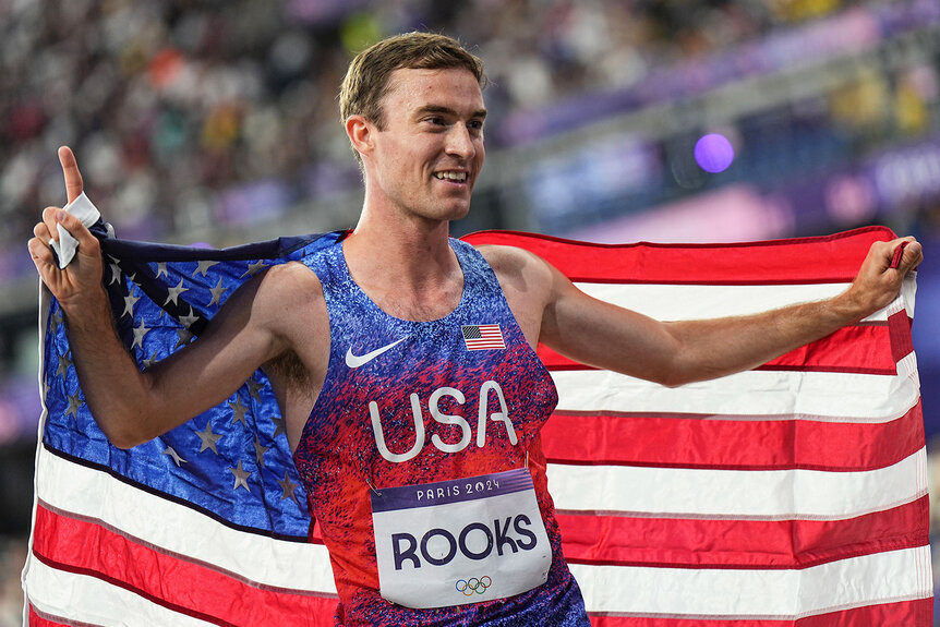 3000 M Men's Steeplechase silver medalist Kenneth Rooks from the USA celebrates after the race.