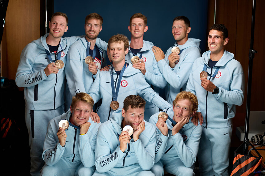 U.S. Rowing Olympians Evan Olson, Clark Dean, Peter Chatain, Rielly Milne, Henry Hollingsworth, Pieter Quinton, Christopher Carlson, Nicholas Rusher and Christian Tabash pose for a photo at the USA House