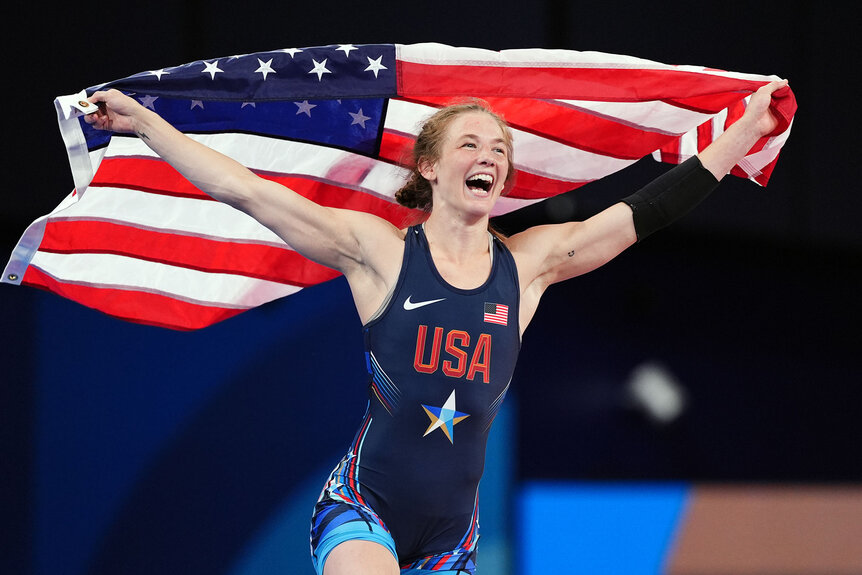 USA's Sarah Hildebrandt celebrates victory following the Women's Freestyle 50kg Final