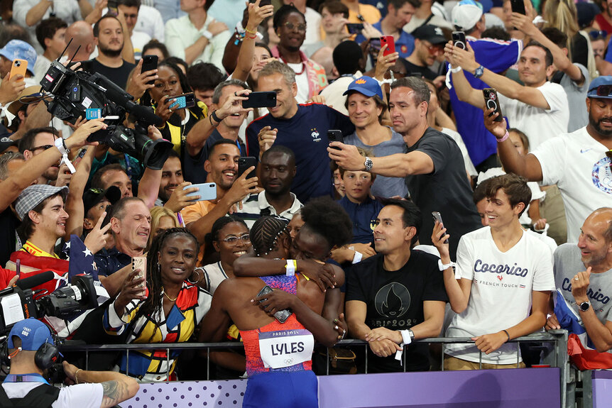 Noah Lyles of Team United States celebrates winning the gold medal in the Men's 100m Final at the Paris 2024 Olympics