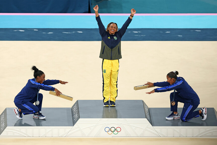 Simone Biles, Jordan Chiles' Bow to Rebeca Andrade on Podium | NBC Insider