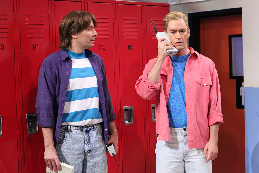 Jimmy Fallon and Mark-Paul Gosselaar during the "Saved by the Bell" skit