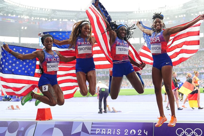 The U.S. celebrates gold in the women's 4x100m relay at the 2024 Olympics