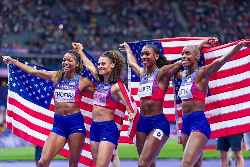 The U.S. celebrates gold in the women's 4x400m relay at the 2024 Olympics