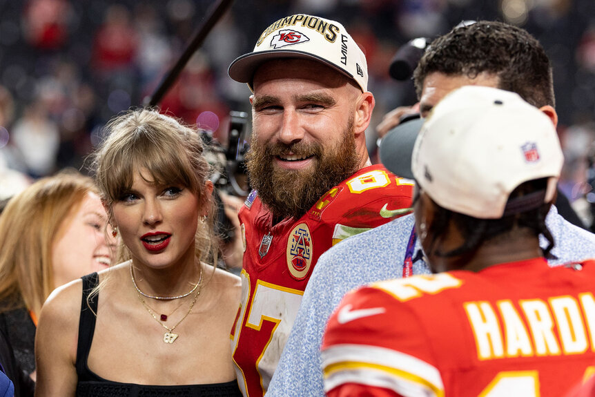 Taylor Swift and Travis Kelce embrace after the NFL Super Bowl 58 football game between the San Francisco 49ers and the Kansas City Chiefs