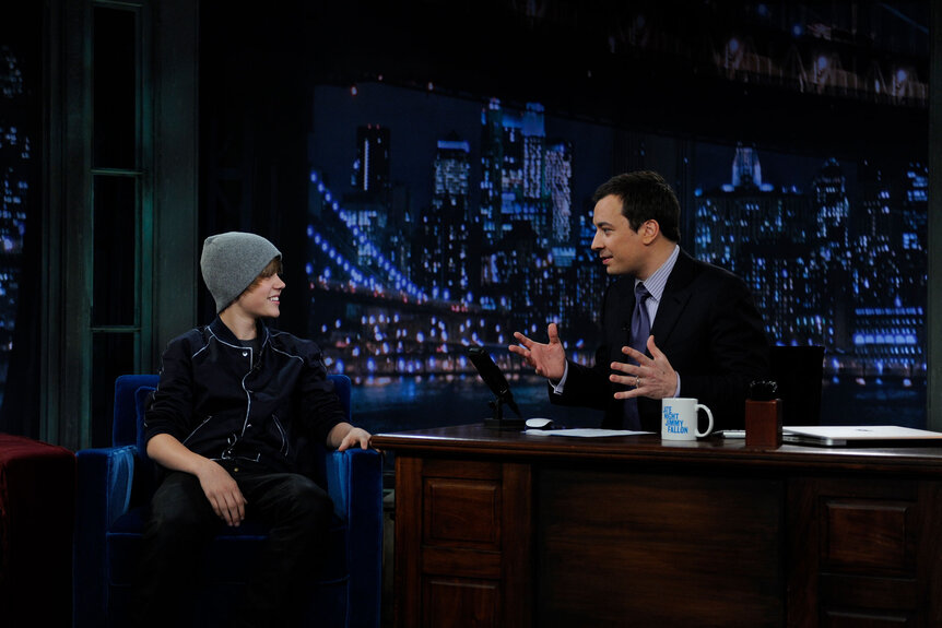 Justin Bieber during an interview with Jimmy Fallon on Late Night with Jimmy Fallon