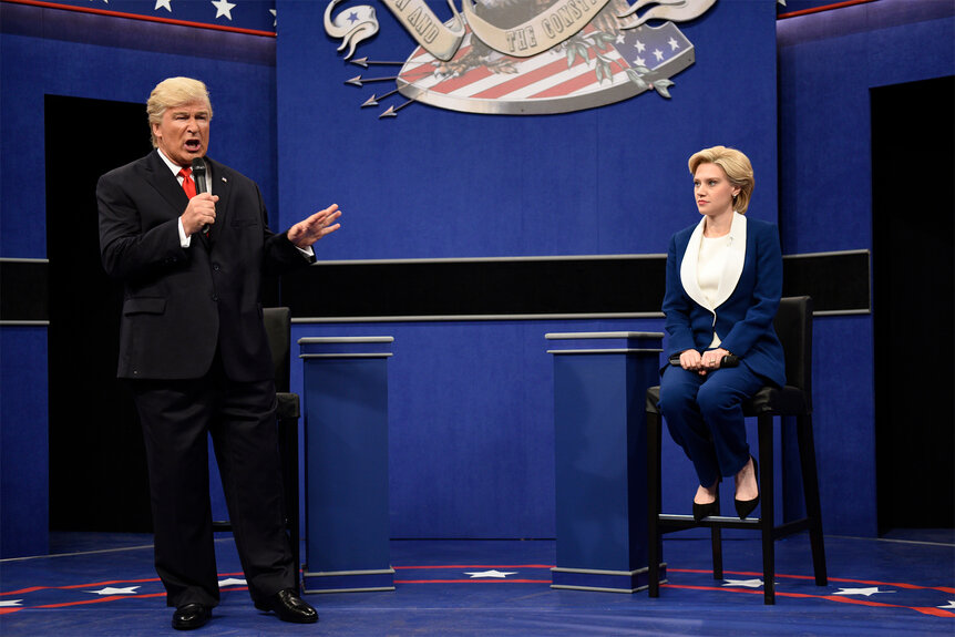 Alec Baldwin as Donald Trump and Kate McKinnon as Hillary during a sketch on SNL