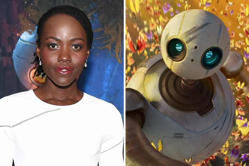 A split of Lupita Nyong'o and Roz from The Wild Robot