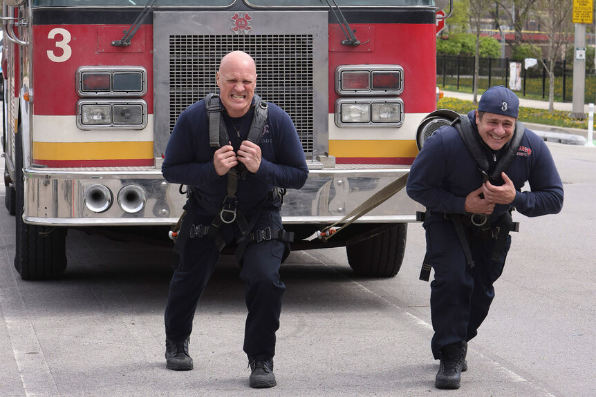 Randy Flagler as Capp and real life firefighter Anthony Ferraris as Tony in Chicago Fire.