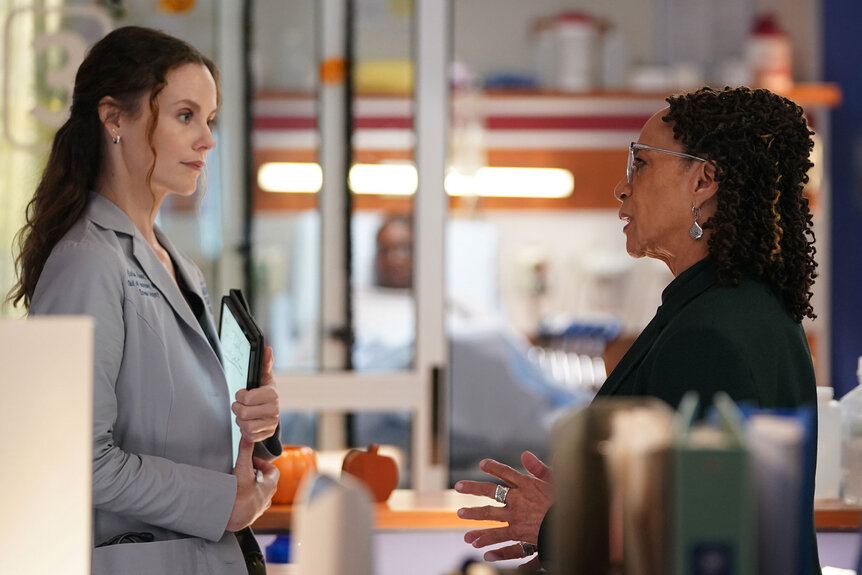 Dr. Caitlin Lenox (Sarah Ramos) and Sharon Goodwin (S. Epatha Merkerson) appear in Chicago Med Season 10 Episode 5.