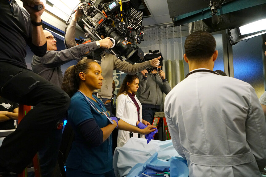 Cameras and actors filming scenes for Chicago Med Season 3 Episode 17