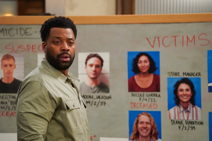 Kevin Atwater stands in front of a board of victims on Chicago P.D. Season 12 Episode 3.