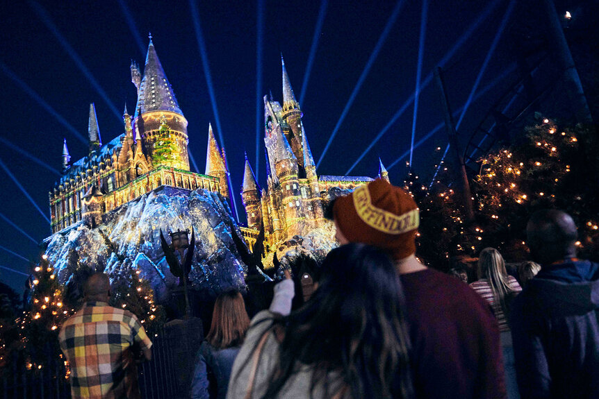 Hogwarts lit up in Christmas lights At Universal Studio Hollywood