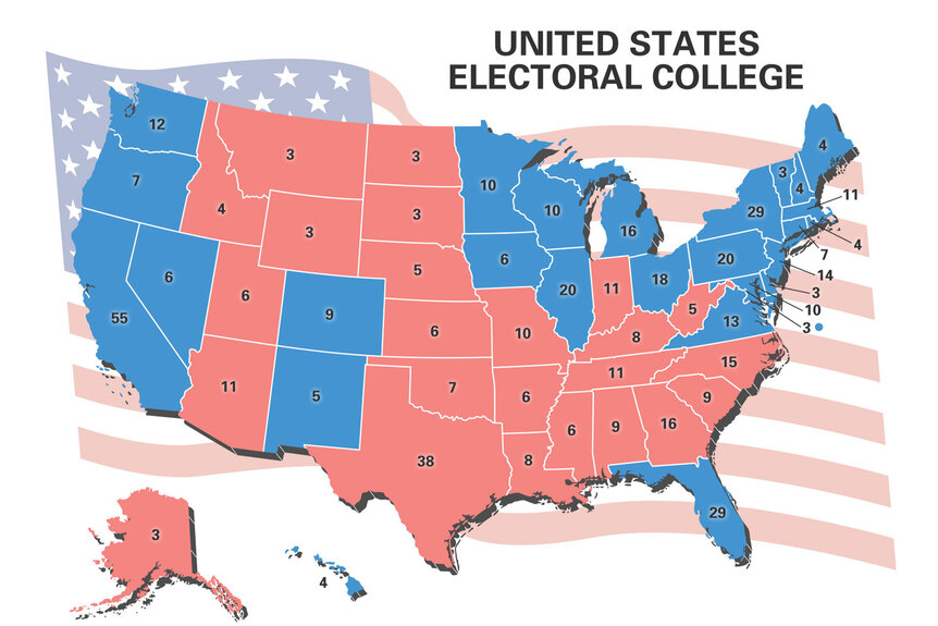 United States electoral college map showing number of electoral votes by state.