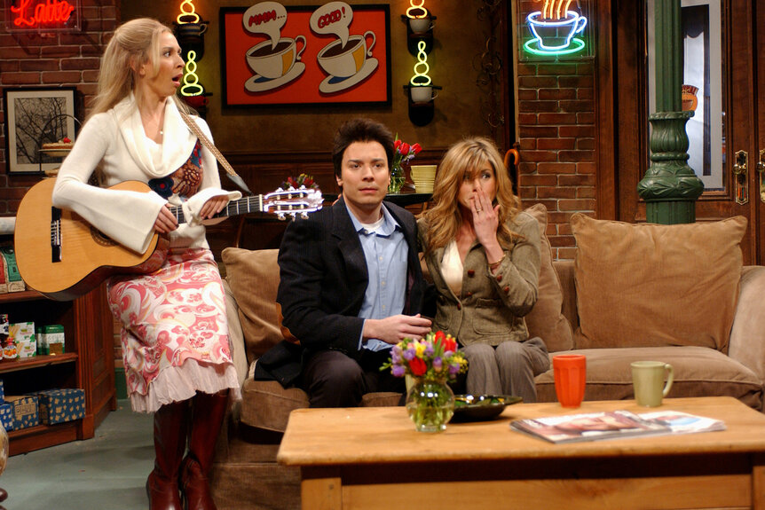 Jimmy Fallon during a sketch on Saturday Night Live with Maya Rudolph and Rachel Aniston